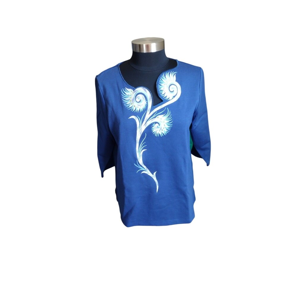 Bob Mackie Sz Med Blue Peacock Wearable Art Embroidered Neckline Top 3/4 Sleeve